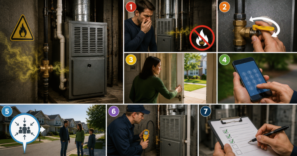 Furnace smell Harrisburg PA gas leak safety steps, leave the house and call from outside