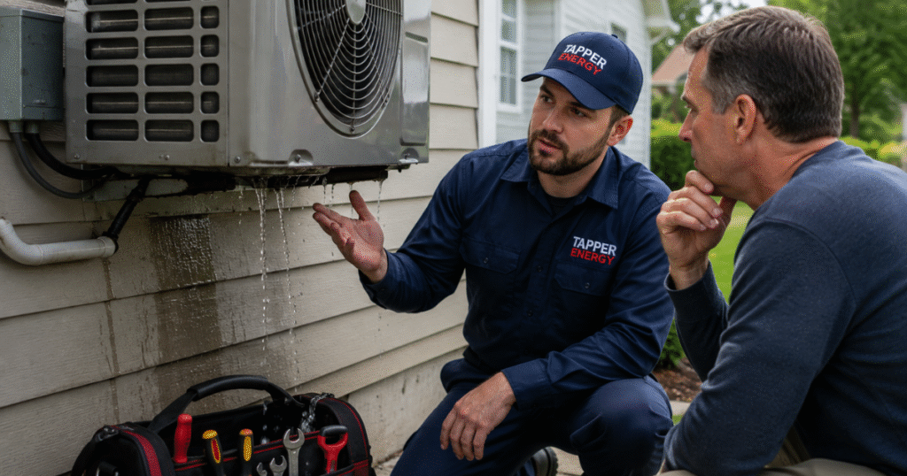 AC leaking water Harrisburg PA technician diagnosing a condensate leak before water damage