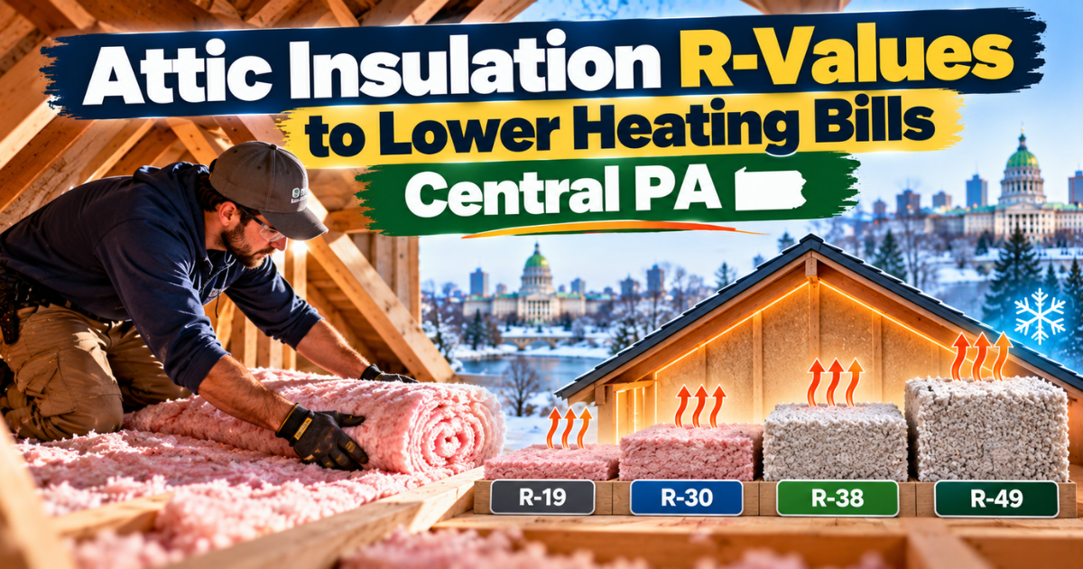 Attic insulation R-49 to R-60 targets to lower heating bills Central PA homes