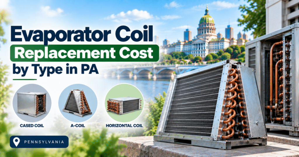 AC evaporator coil replacement cost by type in PA including cased, uncased, slab, and mini split