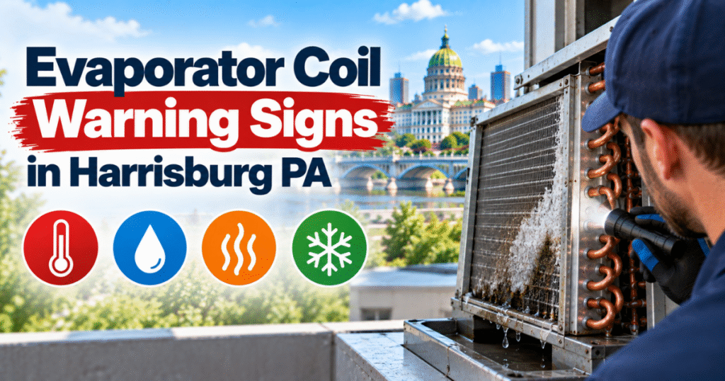 Frozen evaporator coil with ice buildup, a warning sign of coil failure in a Harrisburg PA home