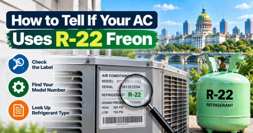 AC data plate showing R-22 refrigerant for the R-22 Freon phase out PA check
