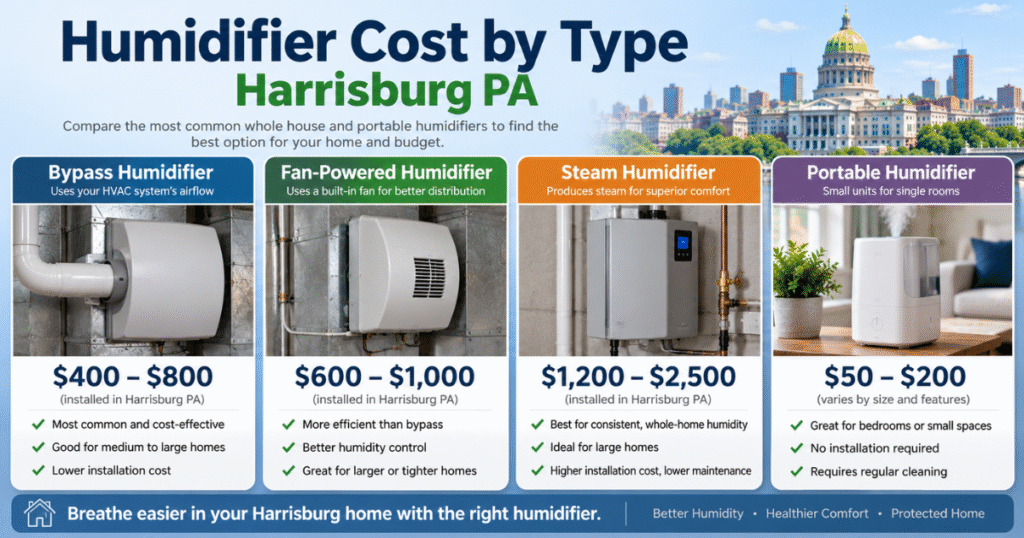Humidifier cost by type in Harrisburg PA: bypass, fan-powered, and steam installed prices