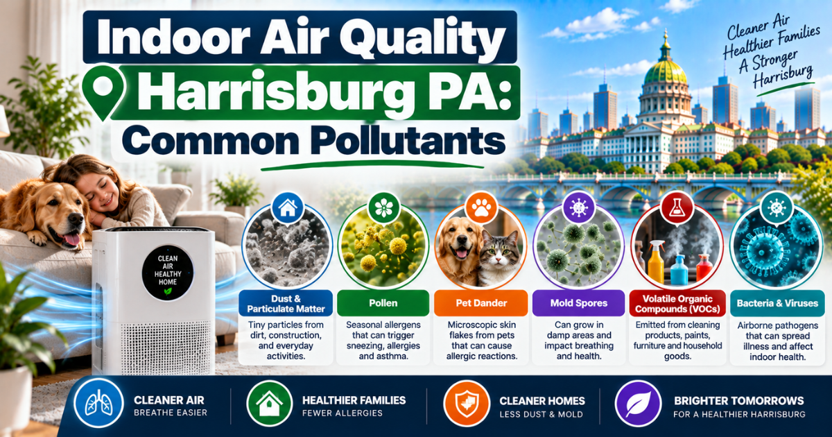 Indoor air quality Harrisburg PA pollutants including radon, mold, dust, and VOCs