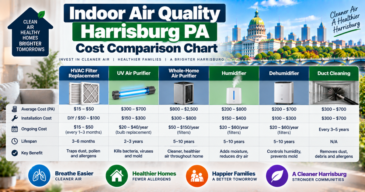 Indoor air quality Harrisburg PA cost comparison chart for filters, purifiers, and ERVs
