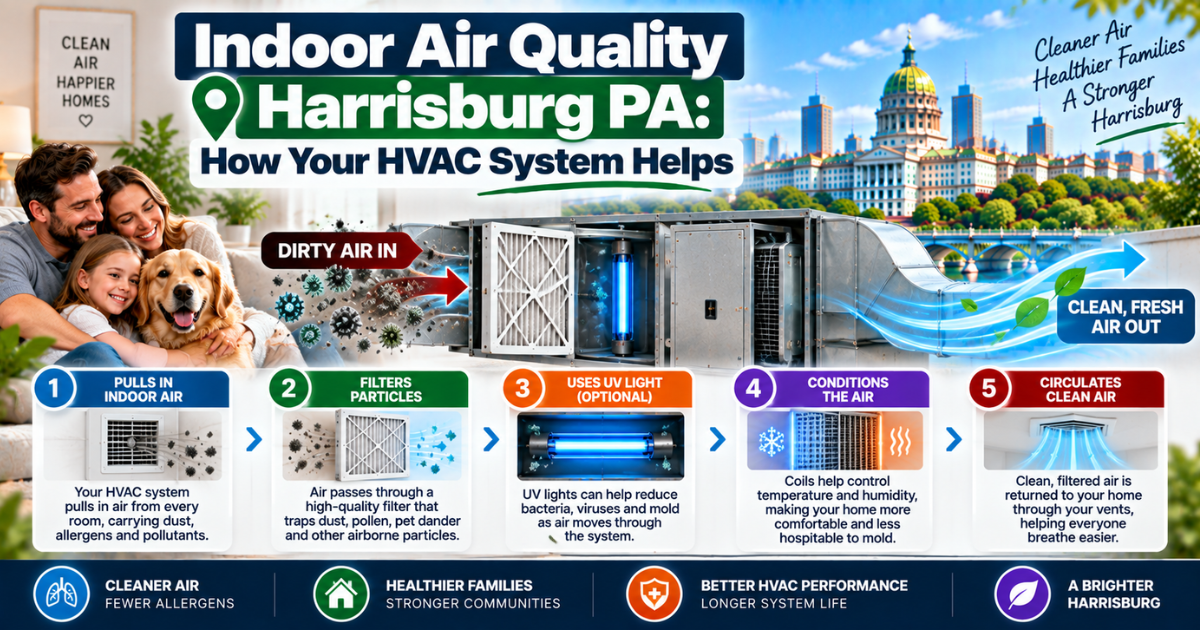 Indoor air quality Harrisburg PA HVAC system with filter, ductwork, and humidity control