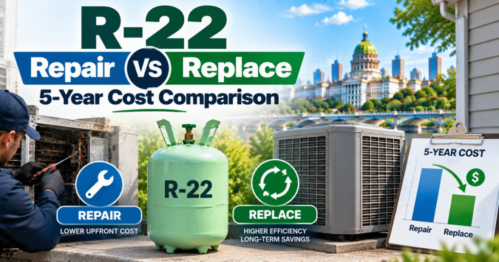 5-year cost chart comparing repair vs replace under the R-22 Freon phase out PA