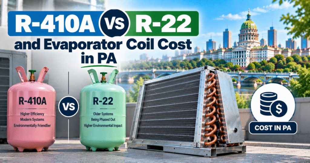 R-410A and R-22 refrigerant comparison affecting evaporator coil replacement cost in PA