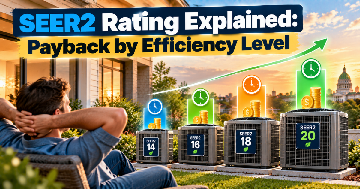 SEER2 rating explained payback chart for 16, 18, and 20 SEER2 air conditioners in Harrisburg PA
