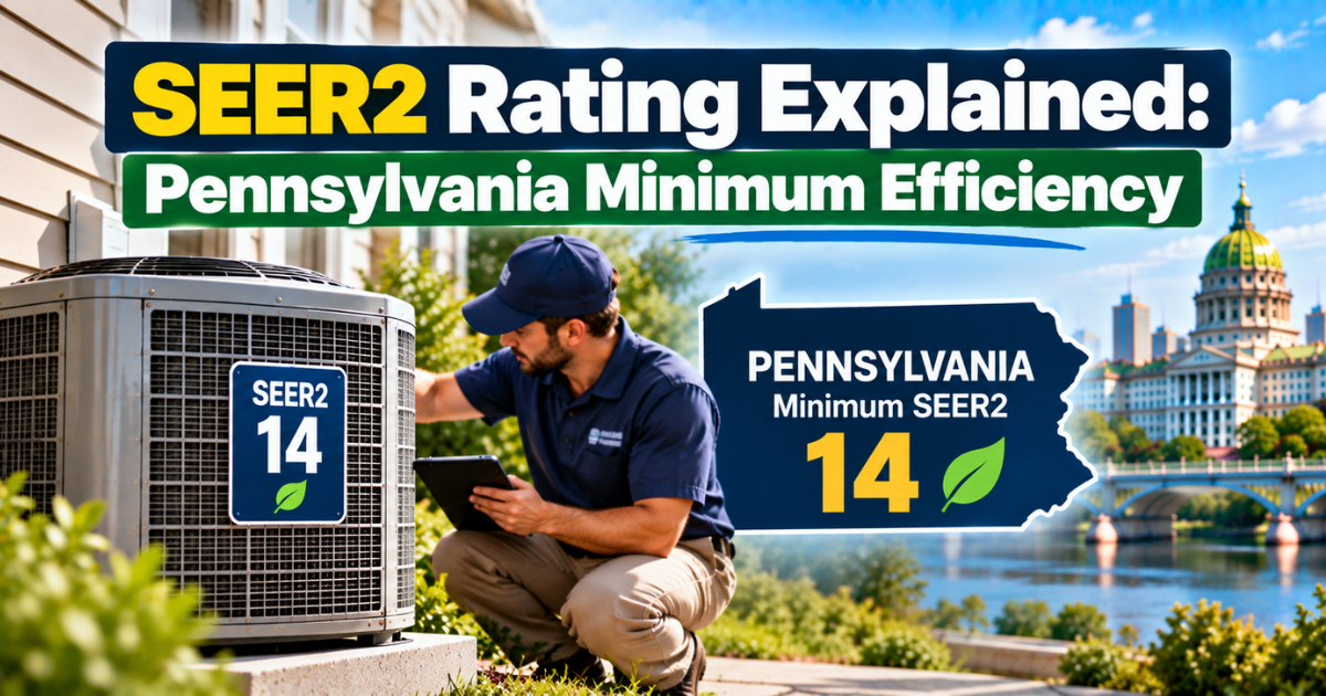 SEER2 rating explained for PA minimums: 13.4 SEER2 central AC, 14.3 SEER2 heat pump, 15.2 SEER2 rebate level