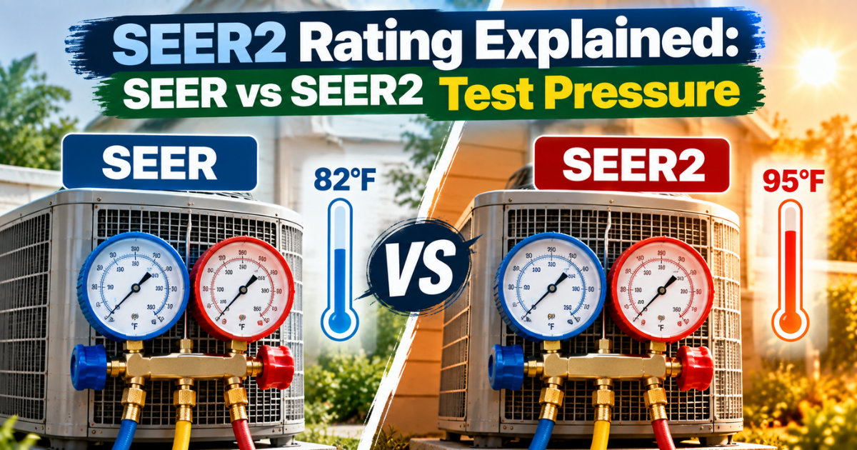 SEER2 rating explained chart comparing 0.1 inch SEER test pressure with 0.5 inch SEER2 test pressure