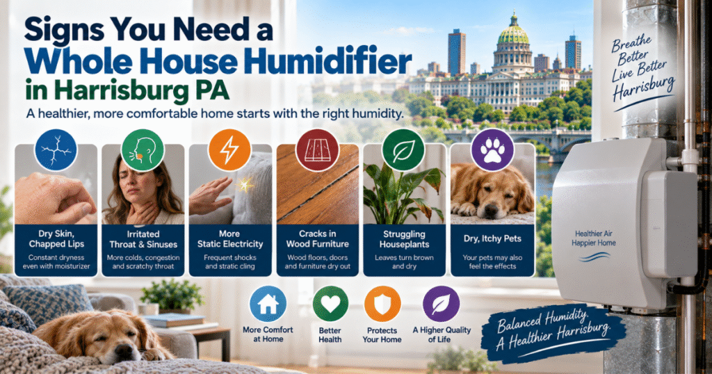 Five signs a Harrisburg PA home needs a whole house humidifier, including static and cracked wood
