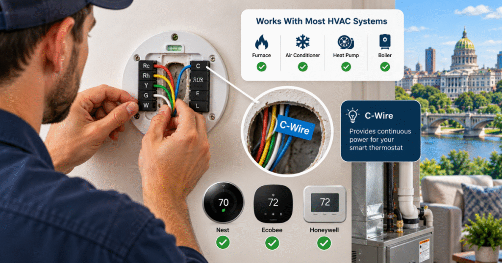Smart thermostat Harrisburg PA compatibility and C-wire wiring guide for HVAC systems