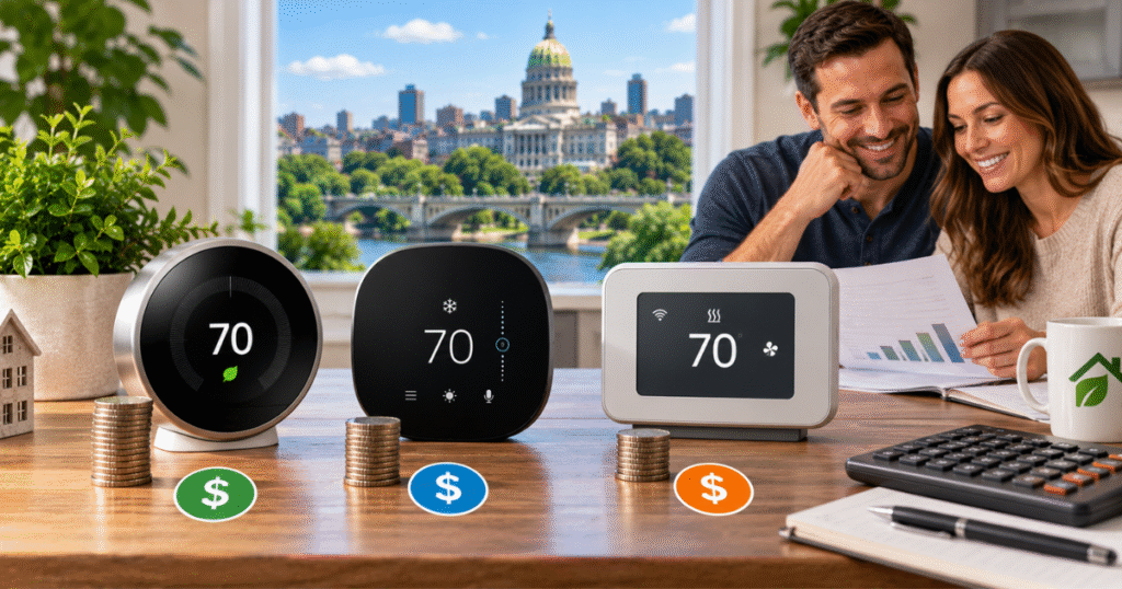 Smart thermostat Harrisburg PA cost comparison for Nest, Ecobee, and Honeywell models