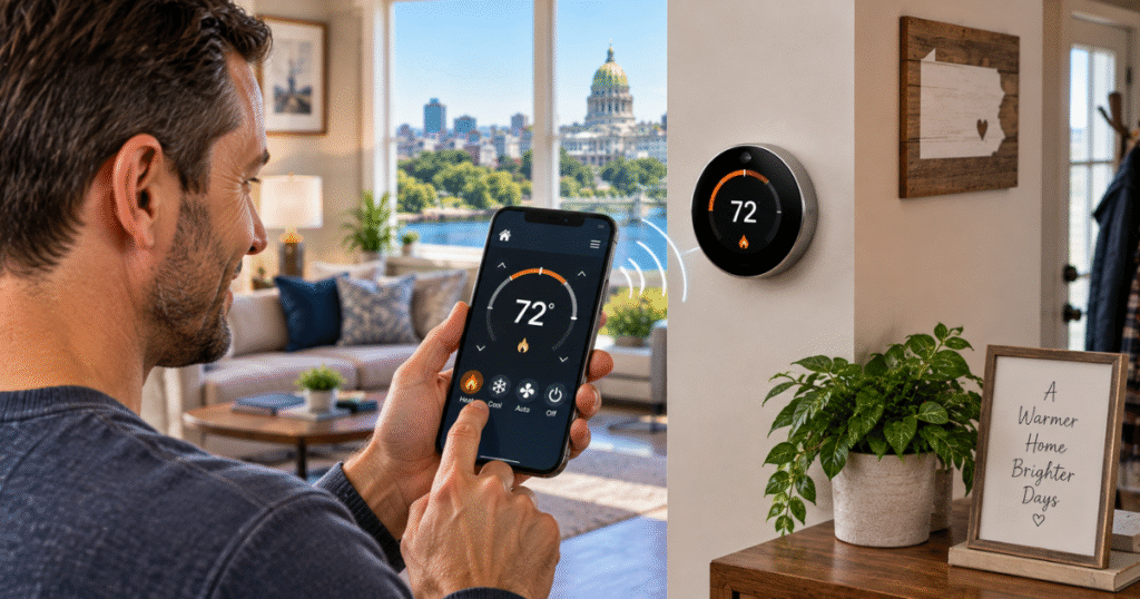 Homeowner using a smart thermostat Harrisburg PA phone app to control home heating