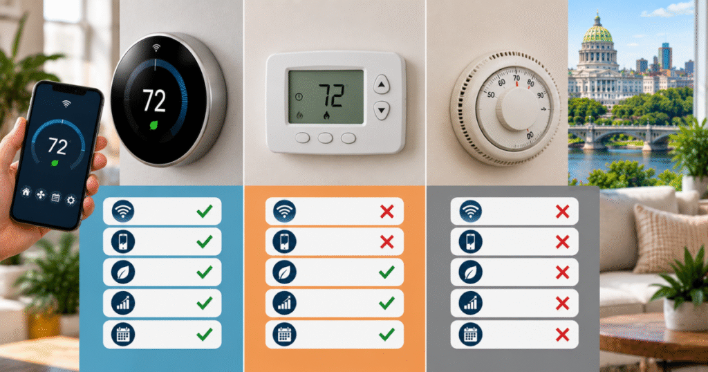 Smart thermostat Harrisburg PA vs programmable and manual thermostat feature comparison