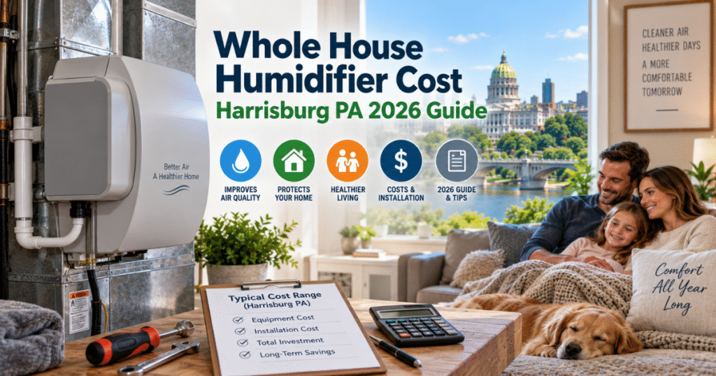 Whole house humidifier cost Harrisburg PA 2026 guide showing $400 to $1,200 installed price range