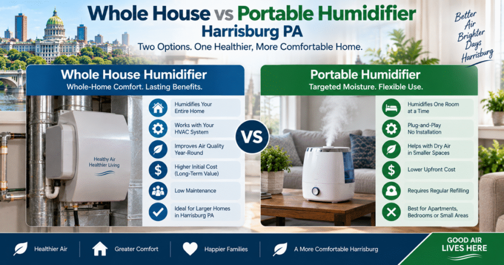 Whole house humidifier vs portable humidifier comparison for Harrisburg PA homes