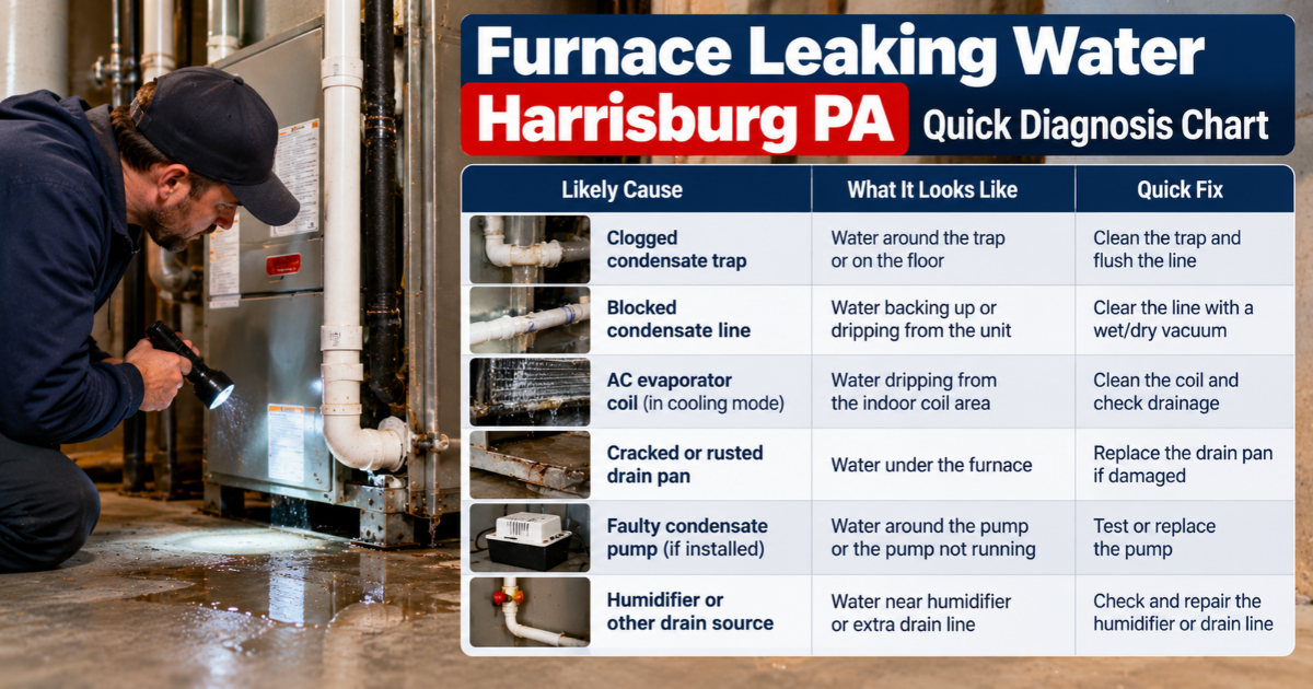 Furnace leaking water Harrisburg PA diagnosis chart matching where the water is to the likely cause