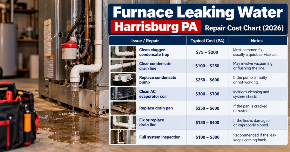 Furnace leaking water Harrisburg PA repair cost chart for 2026