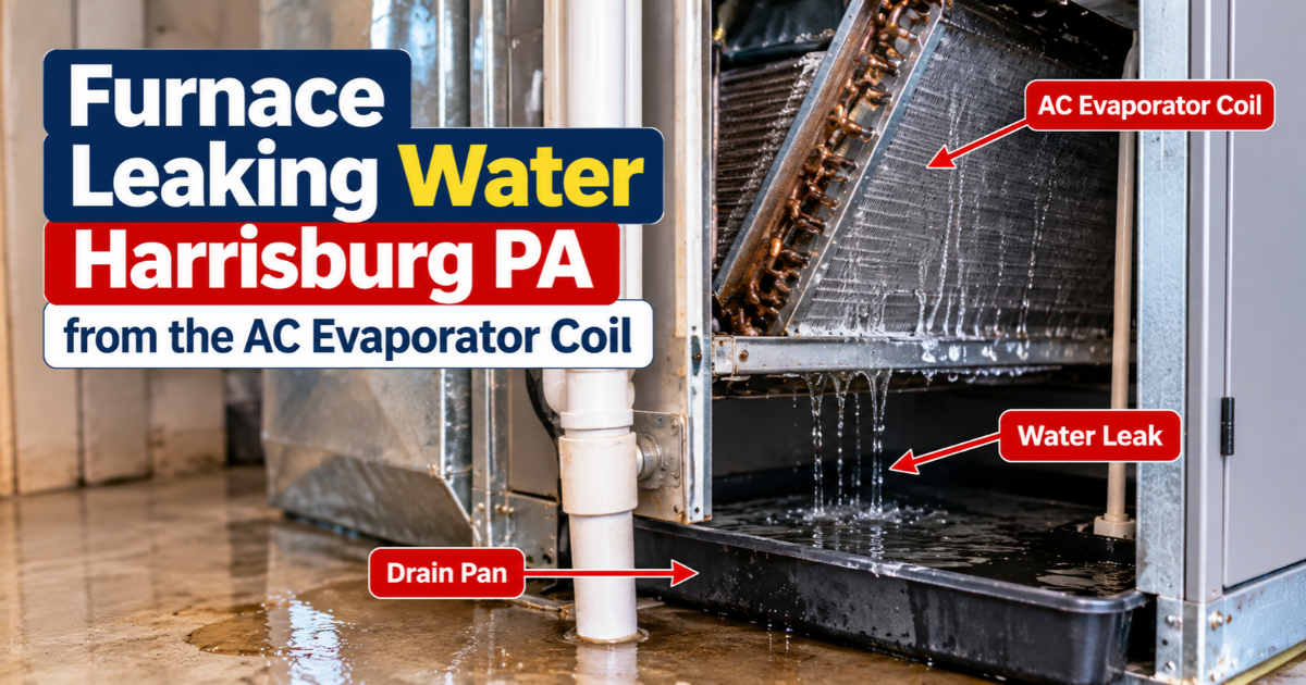 Furnace leaking water Harrisburg PA from an overflowing AC coil drain pan in summer