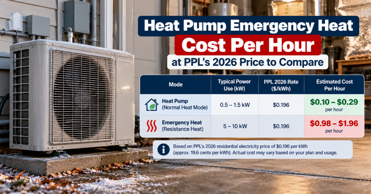 heat pump emergency heat cost per hour chart at PPL 13.079 cents per kWh