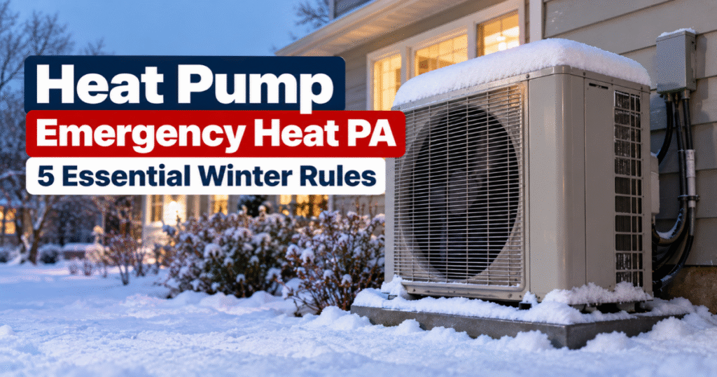Heat pump emergency heat guide for Central PA homeowners showing 5 essential winter rules