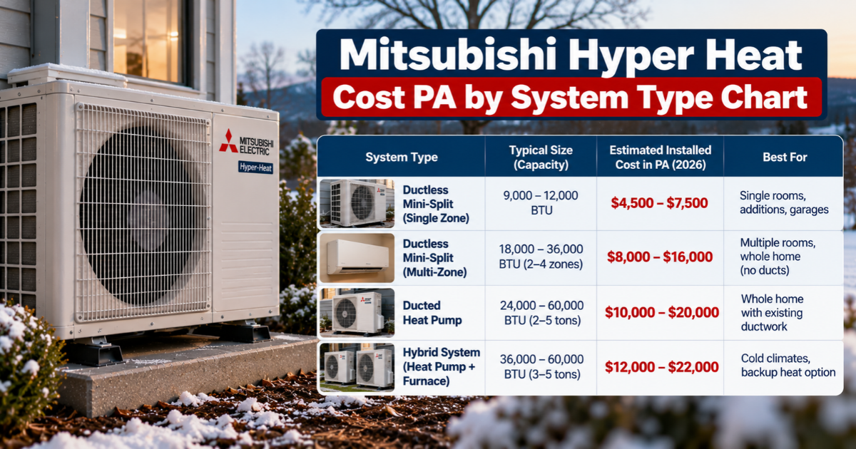 Mitsubishi Hyper Heat cost PA price ranges by system type chart