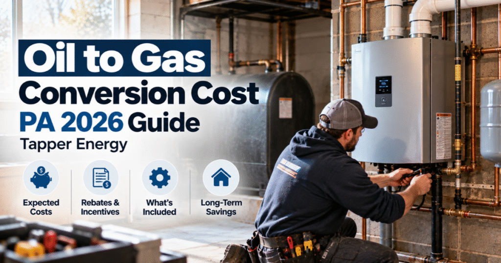 Oil to gas conversion cost PA guide for 2026 showing a typical $4,000 to $8,000 installed range