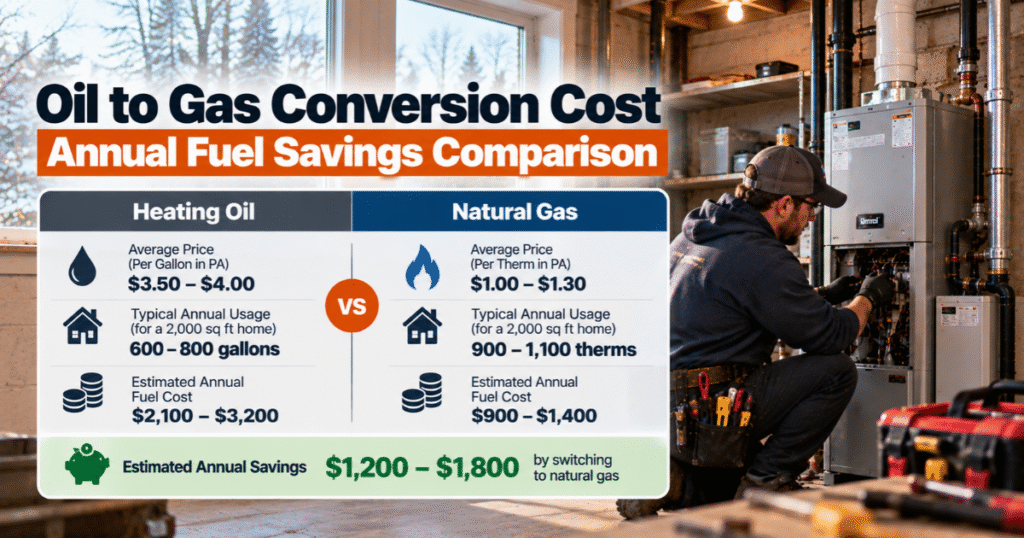 Oil to gas conversion cost PA annual savings chart comparing heating oil and UGI natural gas