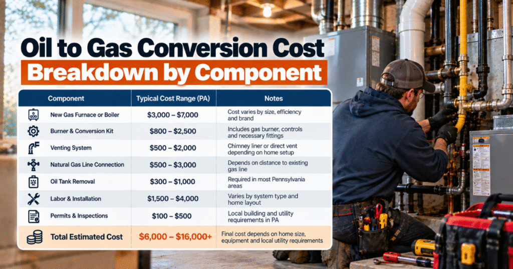 Oil to gas conversion cost PA breakdown chart by component, from furnace to permits