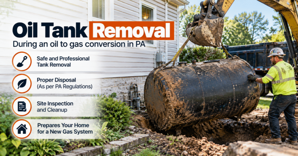 Oil to gas conversion cost PA includes oil tank removal, from $500 above ground to $2,500 underground