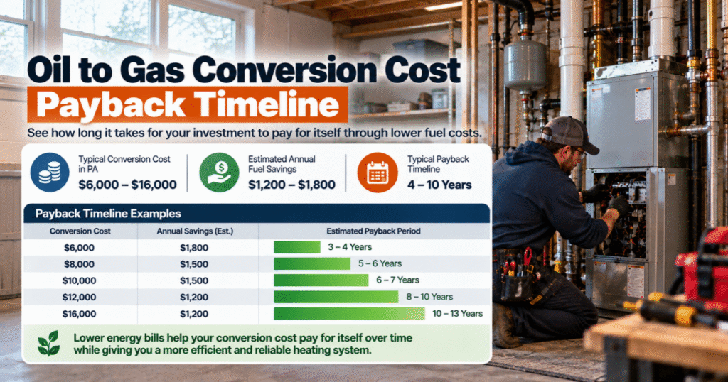 Oil to gas conversion cost PA payback timeline from 2.3 to 5.3 years by scenario
