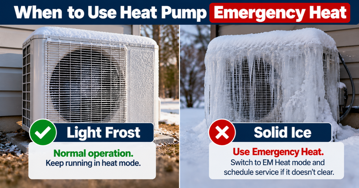 heat pump emergency heat needed when the outdoor unit is iced over versus normal light frost